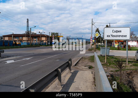 Chelopechene Bezirk Straße Zeichen, Sofia, квартал Челопечене табела, Eingang melden Stockfoto