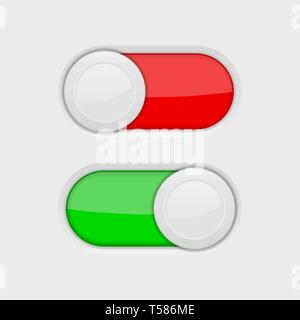 Kippschalter Tasten. Ein- und Ausschalten roter und grüner Schalter Stock Vektor