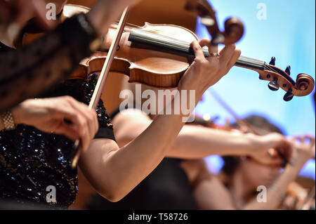 Violine Spieler Hand Detail während Philharmonic Orchestra Performance Stockfoto