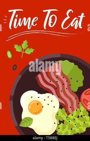 Frühstück essen auf hellen Hintergrund im flachen Design Style. Doodle Elemente. Wohnung essen - Spiegelei, Avocado, Gemüse. Zeit zu essen. Vector Illustration Stock Vektor