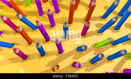 Gruppe von Holz- Bleistifte blaue, grüne und rote Farbe über eine gelbe Oberfläche von oben gesehen. 3D-Darstellung Stockfoto