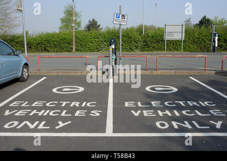 Elektrofahrzeuge nur Oberflächenmarkierung, zwei leere Parkbuchten und Elektrofahrzeug-Ladepunkt und Stangenschild in Bury Lancashire uk Stockfoto