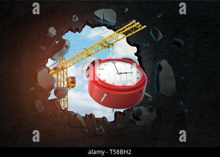 3D-Rendering von baukran und roten Wecker brechen schwarze Wand Stockfoto