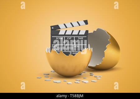 3D-Rendering von gebrochenen golden Eierschale mit filmklappe innen auf gelbem Hintergrund Stockfoto