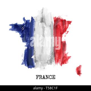 Flagge Frankreich Aquarell Malerei Design. Land Karte gestalten. Tag der Unabhängigkeit Konzept (14. Juli 1789). Vektor. Stock Vektor