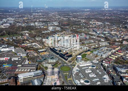 Luftaufnahme, Stadtbild mit Media Group, media center Funke Medien, Medienunternehmen, Essen, Ruhrgebiet, Nordrhein-Westfalen, Deutschland Stockfoto