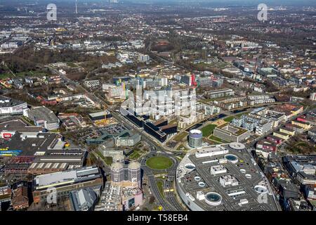 Luftaufnahme, Stadtbild mit Media Group, media center Funke Medien, Medienunternehmen, Essen, Ruhrgebiet, Nordrhein-Westfalen, Deutschland Stockfoto