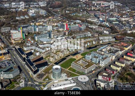 Luftaufnahme, Stadtbild mit Media Group, media center Funke Medien, Medienunternehmen, Essen, Ruhrgebiet, Nordrhein-Westfalen, Deutschland Stockfoto