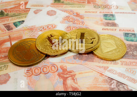 Nahaufnahme des Astraleums, litecoin, Welligkeit und bitcoin Stapel Stockfoto