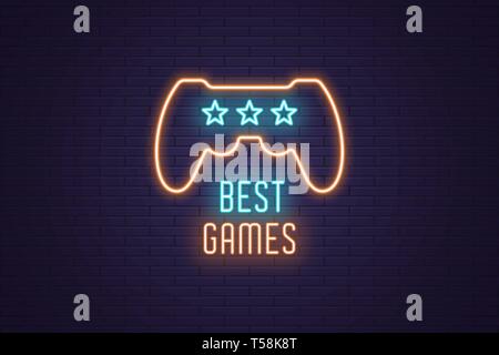 Neon Zusammensetzung der Schlagzeile besten Spiele. Vector Illustration von leuchtenden Neon Gaming Controller mit Bewertung Sterne und Text am besten Spiele. Helle digitale s Stock Vektor