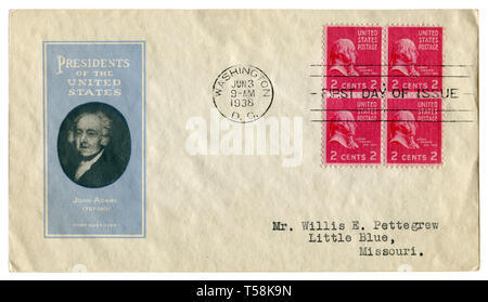 Uns historische Umschlag: Abdeckung mit Gütesiegel Präsident der Vereinigten Staaten John Adams 1797-1801, vier rote Briefmarken zwei Cent, Stornierung 1938 Stockfoto