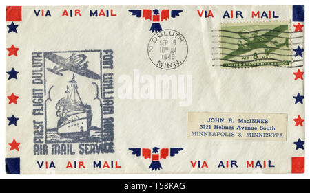 Uns historische Umschlag: Abdeckung mit Gütesiegel erster Flug duluth Fort William Route und grünen Briefmarke Air Mail 8 Cent, Post Stornierung, 1946 Stockfoto