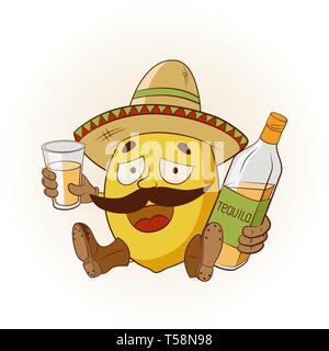 Cartoon Zitrone in einem Sombrero und Stiefel trinken Tequila. Vector Illustration Stock Vektor