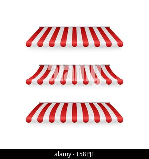 Realistische Satz von gestreiften roten und weißen Markisen. Zelte oder textile Dächer für Ladengeschäft. Vector Illustration auf weißem Hintergrund Stock Vektor