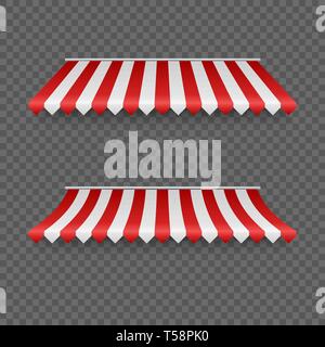 Außen-Markisen. Gestreifte Zelt oder textile Dach für Marktplatz. Rote und weiße Sonnenschirm. Vector Illustration Stock Vektor