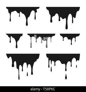 Flüssige Farbe fällt. Schwarze Tropfen schmelzen. Graffiti splatter Grenzen Muster. Vector Illustration auf weißem Hintergrund Stock Vektor