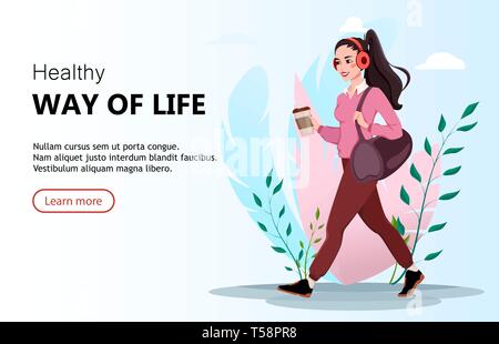 Schöne Frau cartoon Charakter geht in die Turnhalle für Sport. Gesunde Lebensweise Konzept. Verwendbar für Landing Page für die Website oder Anwendung. Vektor Stock Vektor