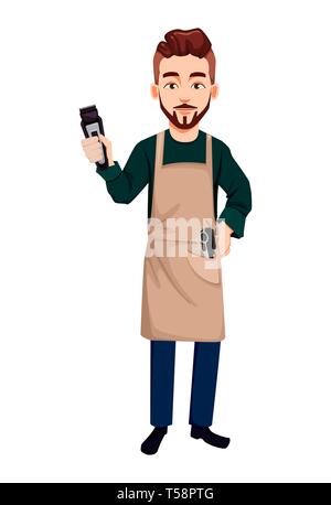 Friseur Mann in Hipster style Holding Haarschneider. Hübscher cartoon Charakter. Vector Illustration auf weißem Hintergrund Stock Vektor