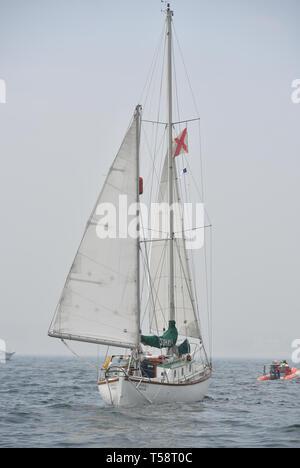 Sir Robin Knox-Johnson an Bord Suhali, wird durch eine Flotte von Schiffen eskortiert, wie es kommt, der die Ziellinie seiner ursprünglichen Reise in Falmouth zu überqueren, zum 50. Jahrestag seiner Fertigstellung des ersten solo Non-stop-Weltumrundung. Stockfoto