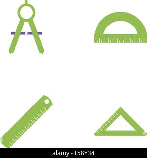Kompass, Lineal, Winkel, Winkelmesser Vektor flachbild Symbole, Schreibwaren, Vektor, Abbildung Stock Vektor