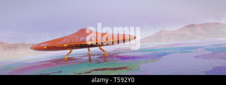 UFO auf der bunten Oberfläche eines fremden Planeten, science fiction Szene mit Alien Raumschiff (3d-raum Abbildung Banner) Stockfoto