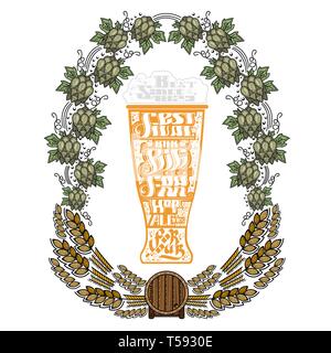 Bier Glas mit Rahmen aus hop Nachteile, spicas und zwei Tassen in scratchboard Stil auf Weiß Stock Vektor