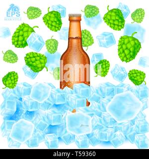 Realistische braune Flasche Bier stand in Eiswürfel unter flying Hopfenzapfen und Tiefenschärfe Eis auf Weiß Stock Vektor