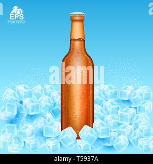 Realistische mock up braune Flasche Bier auf Eiswürfel auf blauem Hintergrund Stock Vektor