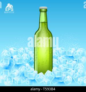 Realistische mock up grüne Flasche Bier stand unter Hopfenzapfen auf weißem Hintergrund Stock Vektor