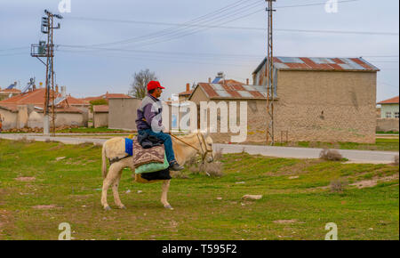 Konya, Turkey-April 14 2019: Mann mit Hut, weißen Esel auf Gras und ländliche Häuser im Hintergrund Stockfoto