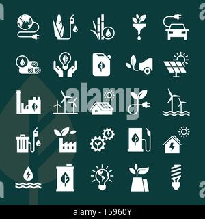 Satz von eco Vector Icons im flachen Stil auf dunklem Hintergrund. Eco Kollektion mit verschiedenen Symbole auf das Thema Ökologie und grüner Energie. Isolieren Stock Vektor