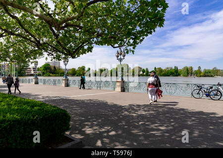 Balustrade entlang dem See Stockfoto