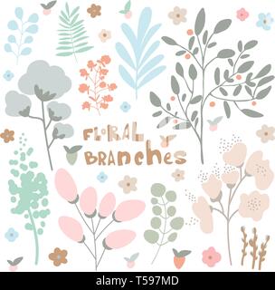 Set aus Blumenappeln. Verzweigungen Illustration aus Blumen und Kräutern. Vektor dekorative Blätter und Federelemente Stock Vektor