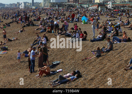 Die Leute am Strand in Brighton an einem sonnigen Tag. Stockfoto