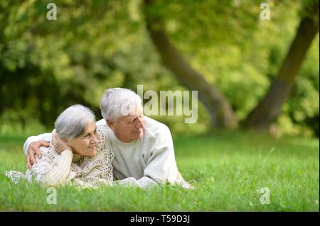 Portrait von Happy senior Paar liegen auf grünen Gras im Sommer Park Stockfoto