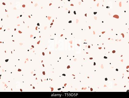 Nahtlose Wiederholung terrazzo Muster in Pastell rosa, braun und schwarz auf weißem Hintergrund. Trendige und stilvolle Composite Stone Texture, Wallpaper, Web ba Stock Vektor