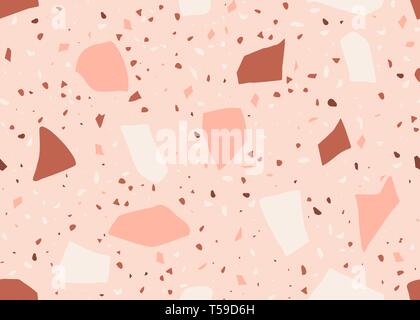 Nahtlose Wiederholung terrazzo Muster Rosa, Creme, orange und braun auf Pastell rosa Hintergrund. Trendige und stilvolle Composite Stone Texture, Wand Stock Vektor