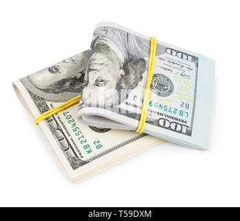 Hundert-euro-Scheine gefaltet und mit Gummiband gebunden isoliert Stockfoto