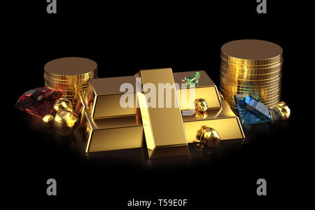 Goldenen Barren und Münzen mit Rubin, Saphir und Diamant Edelsteine und Gold Nuggets auf schwarzem Hintergrund mit Reflexion isoliert Stockfoto