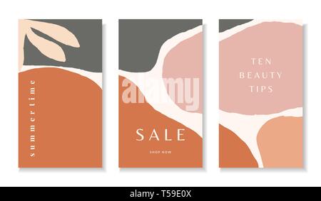 Ein Satz von drei Geschichten Vorlagen mit abstrakten botanische und organische Formen in orange, Pastell rosa, Hellgrau und Creme. Trendy zeitgenössische Collage Stock Vektor