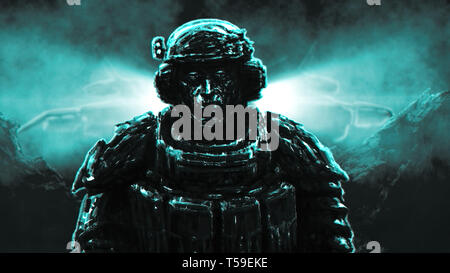 Soldat steht gegen den Hintergrund der Raumschiff Landung auf fremden Planeten. Abbildung im Science Fiction Genre. Stockfoto