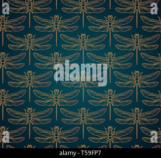 Dragonfly pattern nahtlose Vektor Illustration. Insekt Muster Hintergrund Gold. Vintage romantische Fliese Luxus gold Libelle auf minimalistischen dunklen Stock Vektor