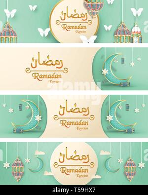Vorlage für Ramadan Kareem mit Grün und Gold Farbe. 3D-Vektor illustration Design in Papier geschnitten und Handwerk für islamische Grusskarten, Einladung, Bo Stock Vektor