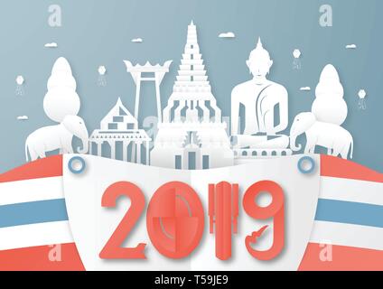 April 03, 2019: Top Wahrzeichen und Gebäude von Thailand land für Reisen und Tour. Vector Illustration Design in Papier geschnitten und Handwerk Stil auf b Stock Vektor