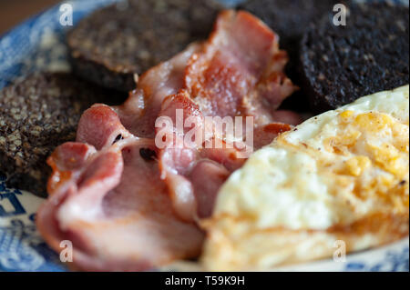 Warmes Frühstück mit Speck, Spiegelei, Blutwurst in Scheiben geschnitten und Haggis. Stockfoto