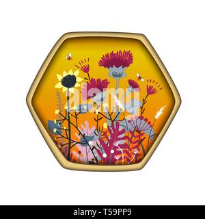 Hexagon-form Label mit niedlichen Honig Wiese Blumen und Bienen. Vector Illustration. Grünland Honig Konzept für Drucke, Karten und Verpackung Stock Vektor