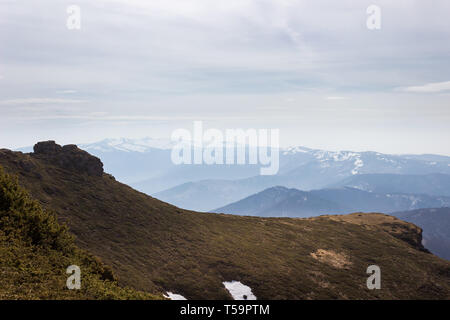 Vordergrund Hochland von Juniper und ferne Berge und Gipfel mit Schnee fallen, Stockfoto