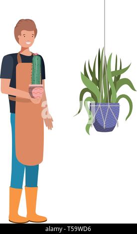 Mann mit Kaktus in macrame Kleiderbügel Stock Vektor