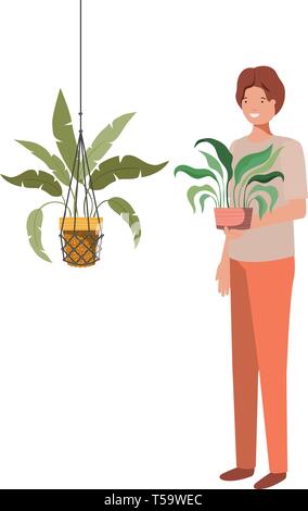 Mann mit zimmerpflanze in macrame Kleiderbügel Stock Vektor
