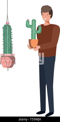 Mann mit Kaktus in macrame Kleiderbügel Stock Vektor
